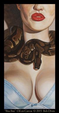 bob diven, art, artist, painting, las cruces, new mexico, boa, snake, woman, burlesque, pin up, sensual, for sale, original, cleavage, bra